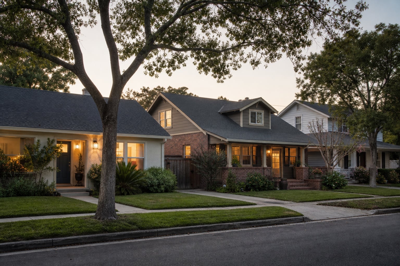 Established neighborhood of well-kept homes beneath mature trees at dusk