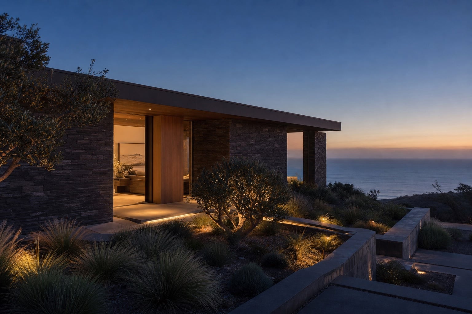 Modern stone and glass coastal residence at blue hour