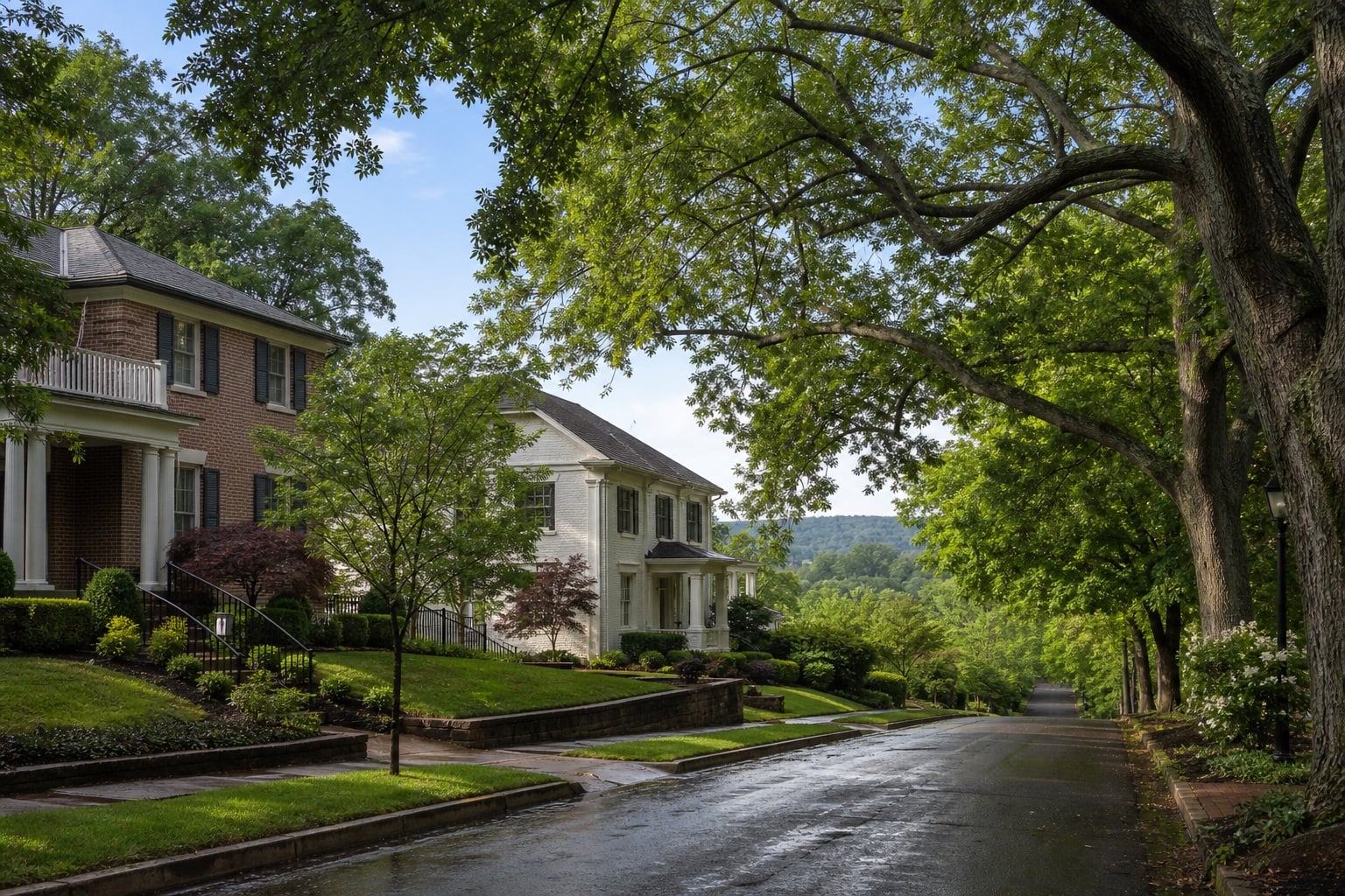 Tree-lined residential street with brick homes and deep green lawns