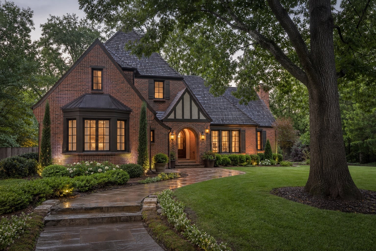 Refined brick Tudor home beneath mature trees in a Birmingham-style neighborhood