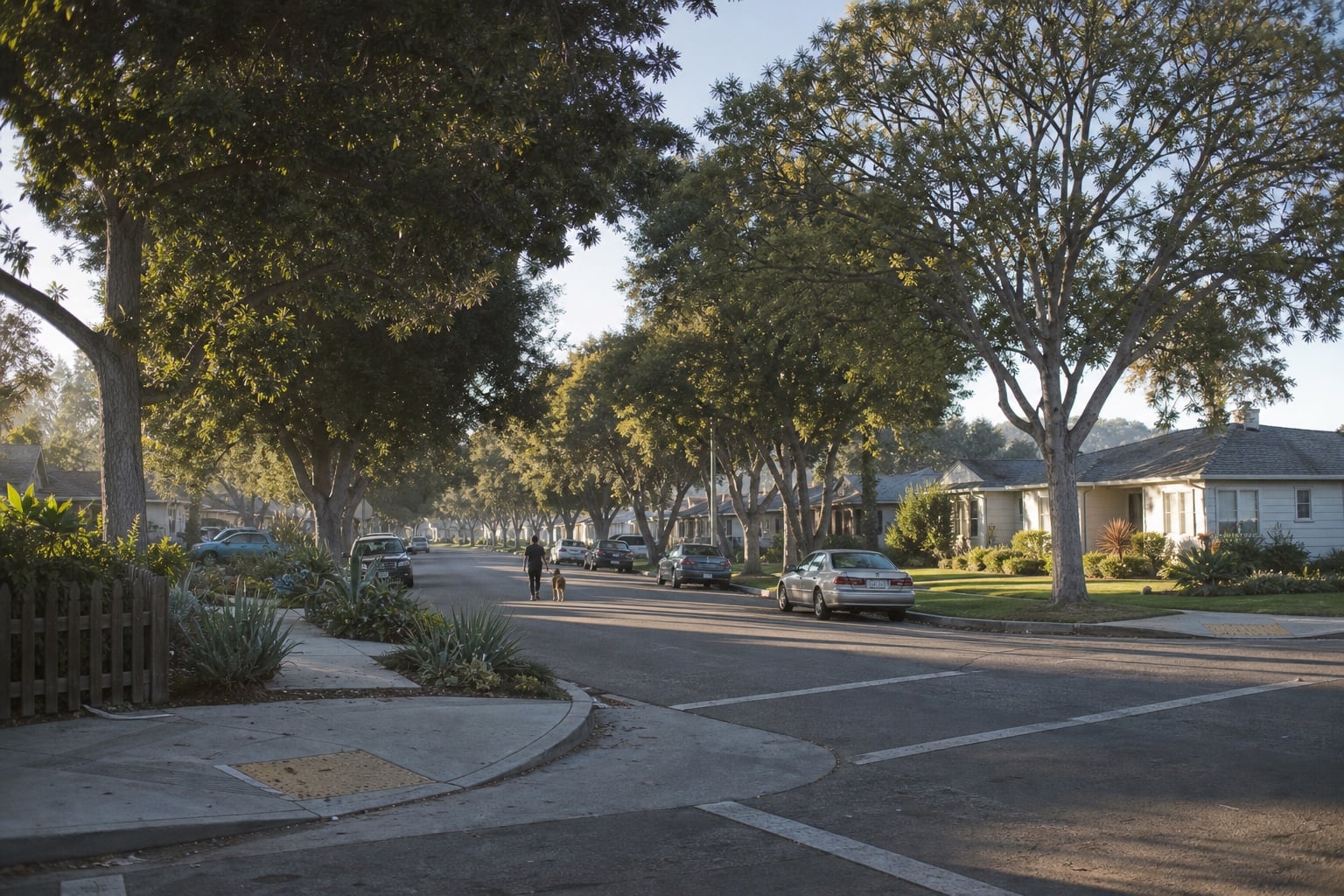 Tree-lined Southern California neighborhood with modest homes