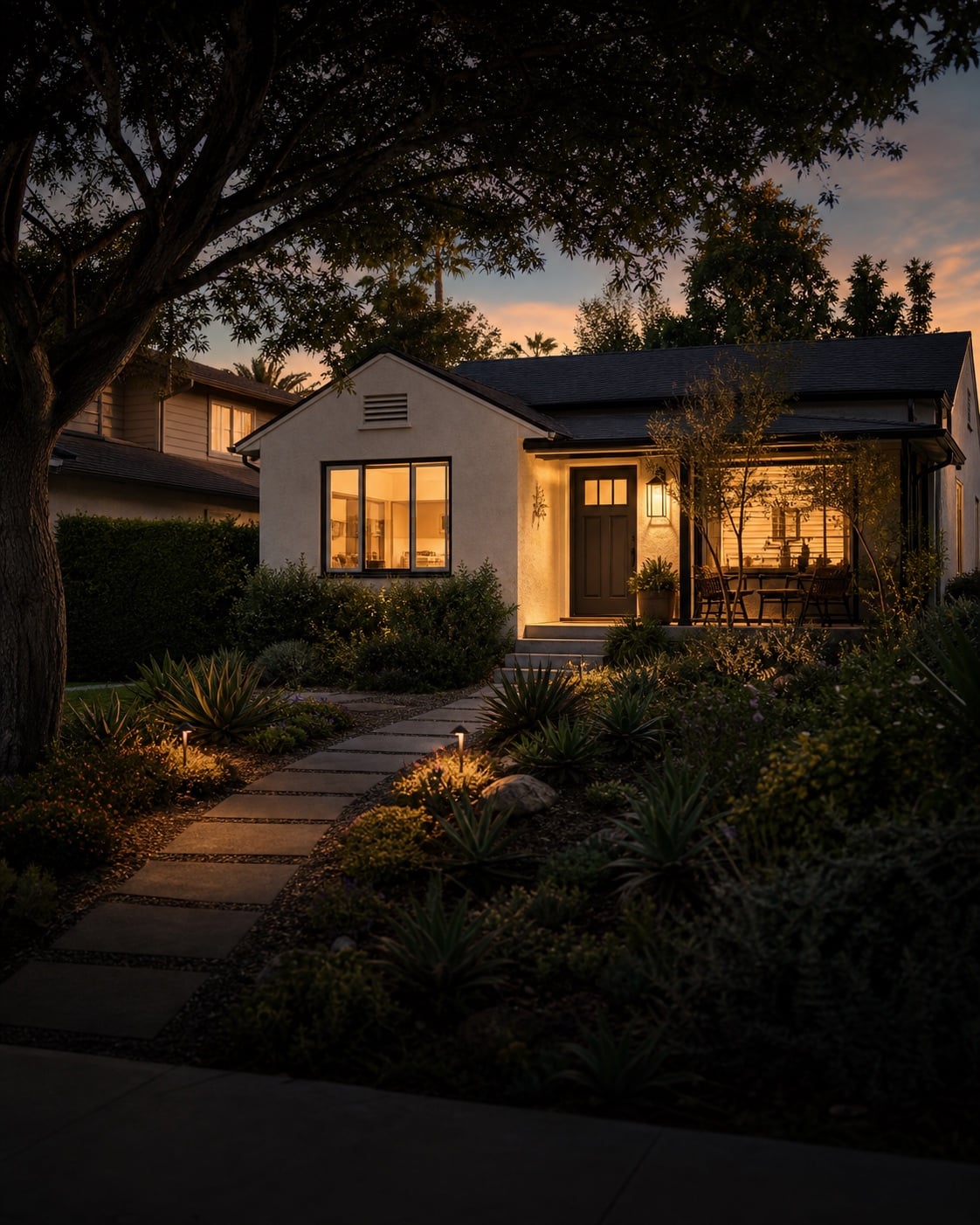 Welcoming renovated first home at dusk