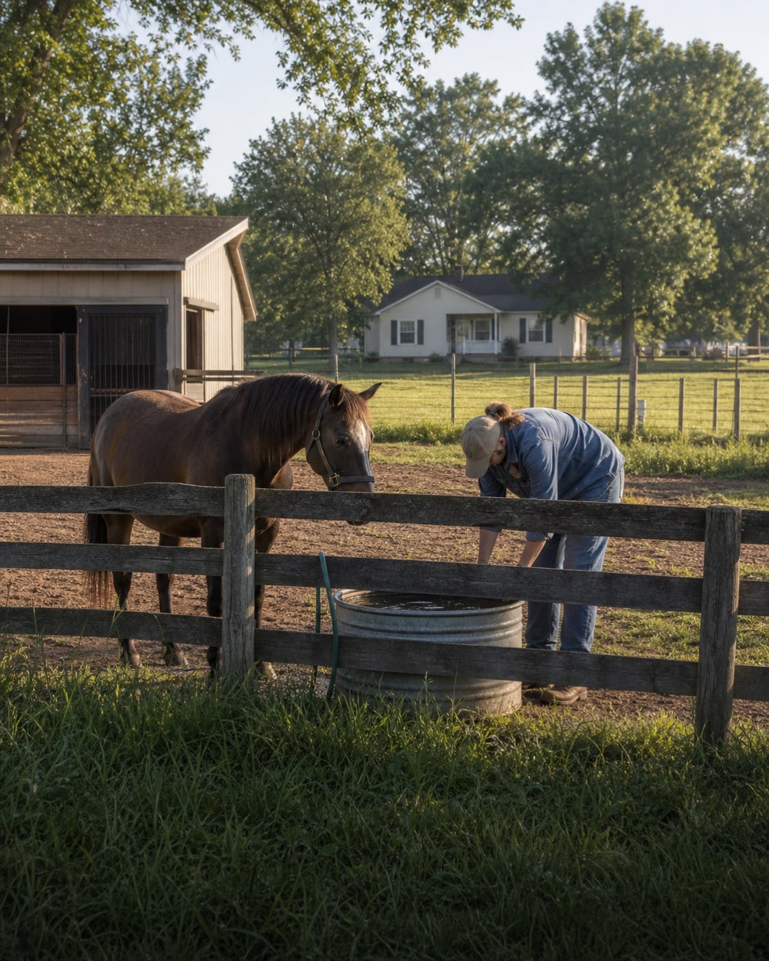 Horse and owner beside a practical paddock on a small equestrian property