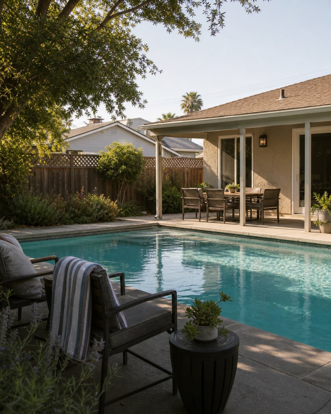 Established ranch home with a compact backyard swimming pool