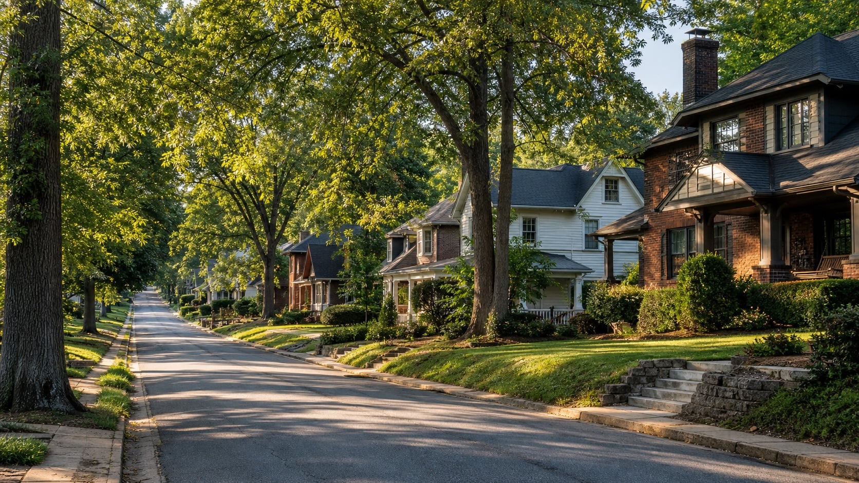 Established Greater Birmingham residential street with brick and Craftsman homes