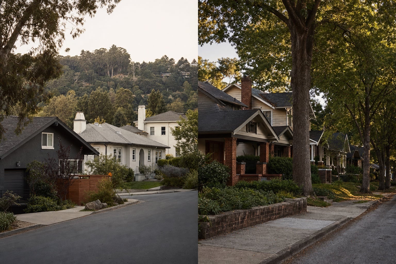 Established California and Alabama residential streets shown in an editorial diptych