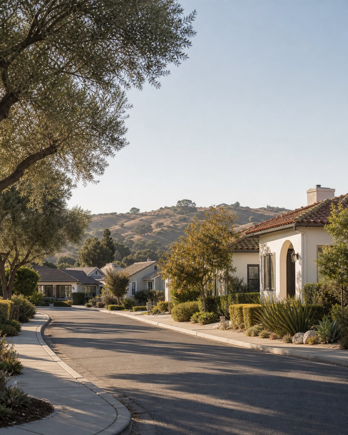 Established Southern California neighborhood with Spanish-style homes, water-wise landscaping, and dry foothills