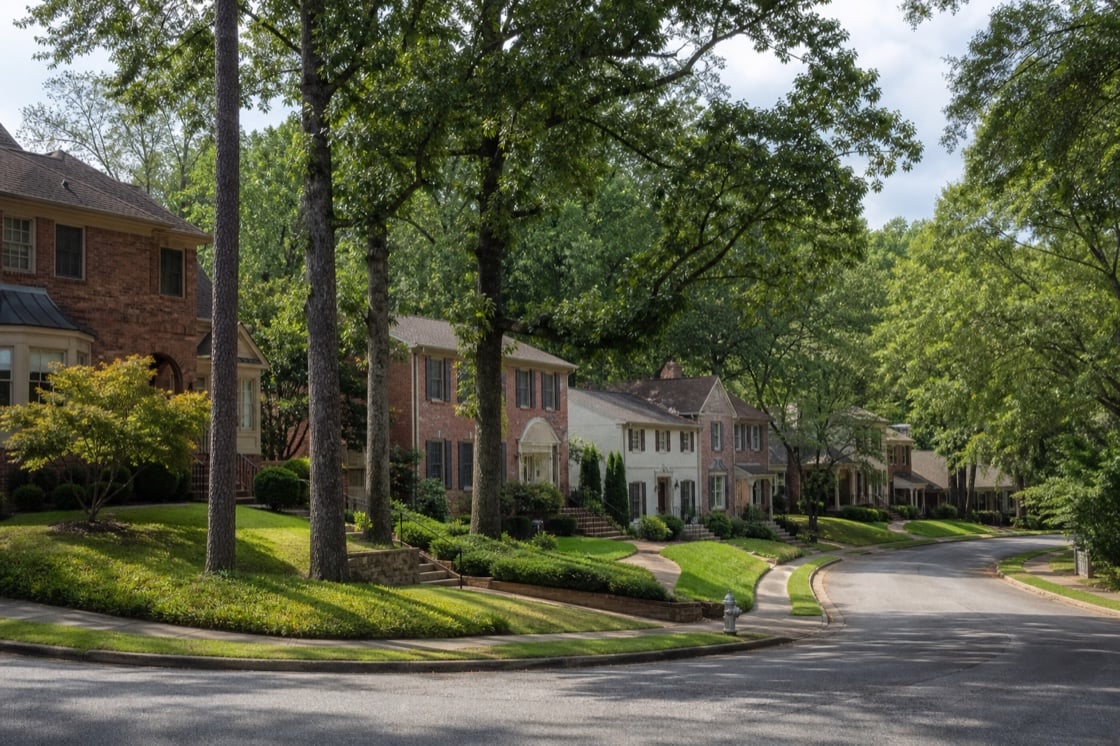 Established Greater Birmingham brick neighborhood beneath mature hardwood trees