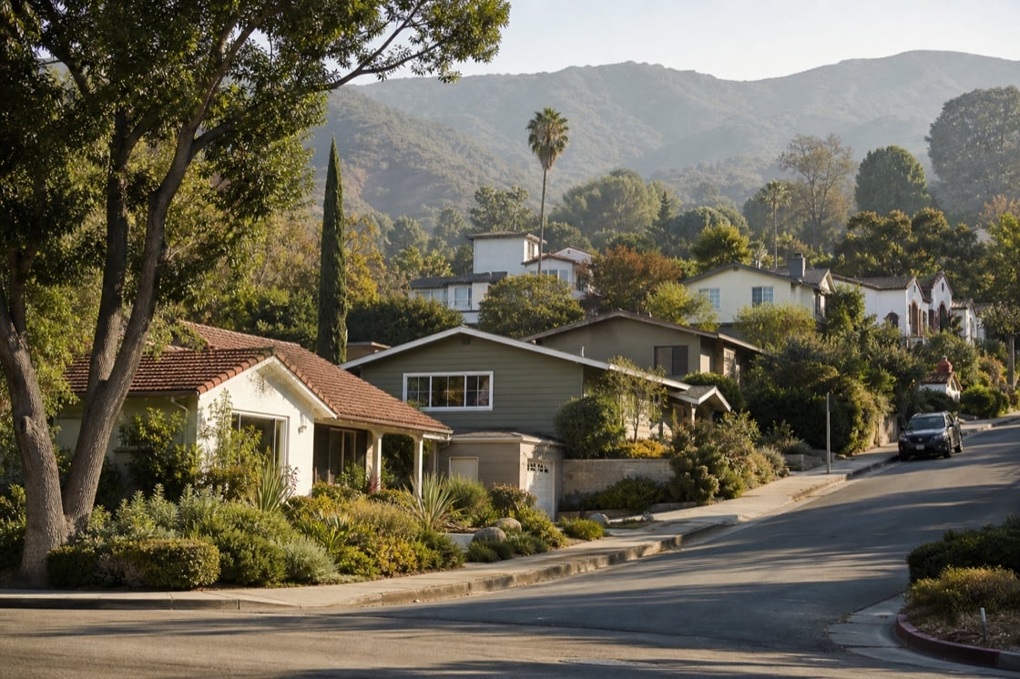 Established Los Angeles County foothill neighborhood with ranch and Spanish-style homes