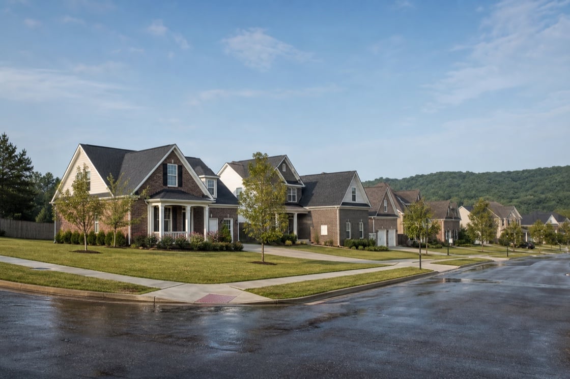 Newer Madison, Alabama neighborhood with sidewalks and varied brick homes