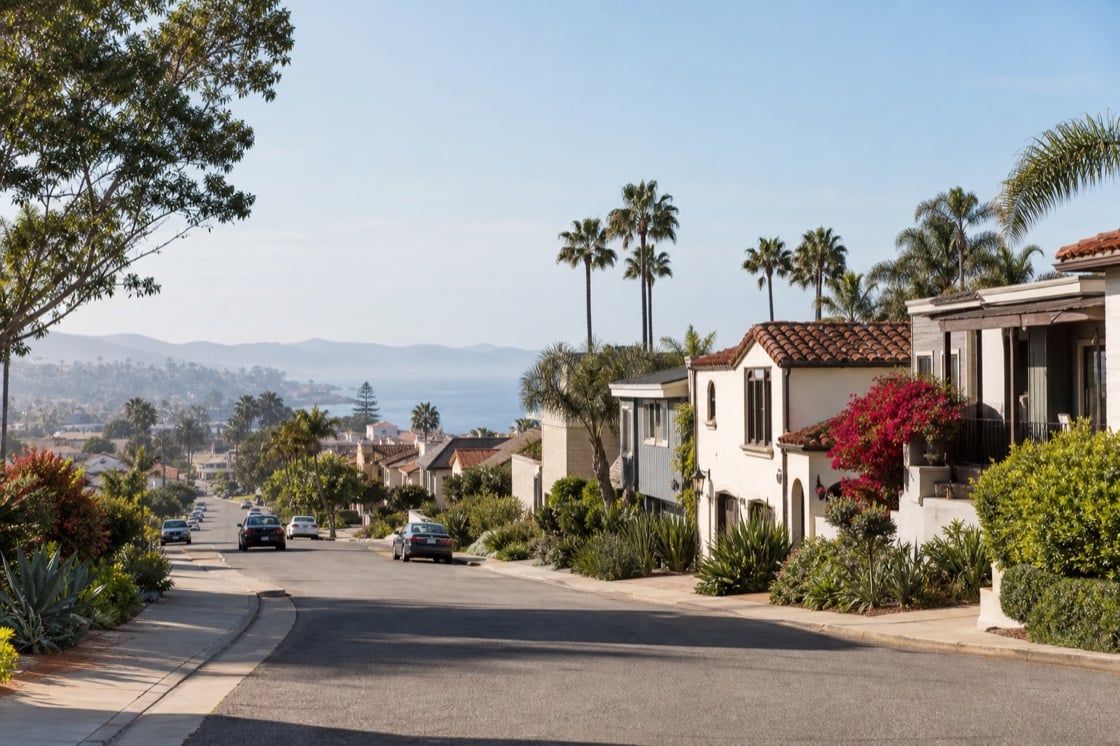 Established coastal hillside neighborhood with Spanish-style homes in San Diego County