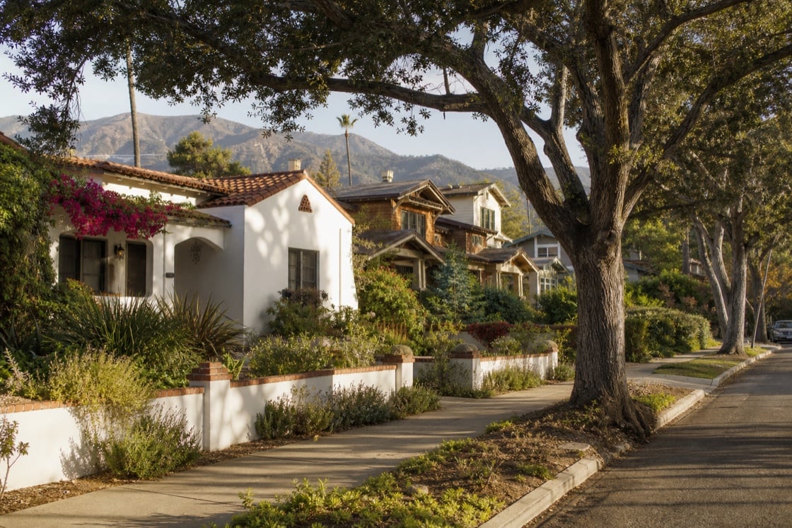 Oak-lined Santa Barbara County neighborhood with Spanish and Craftsman-style homes