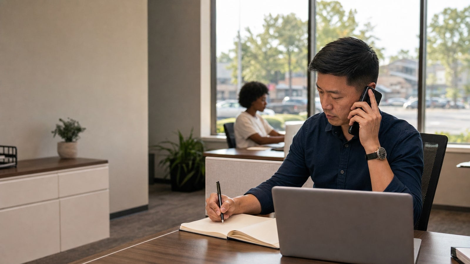 An Ethos advisor responding to a client call and recording the next step