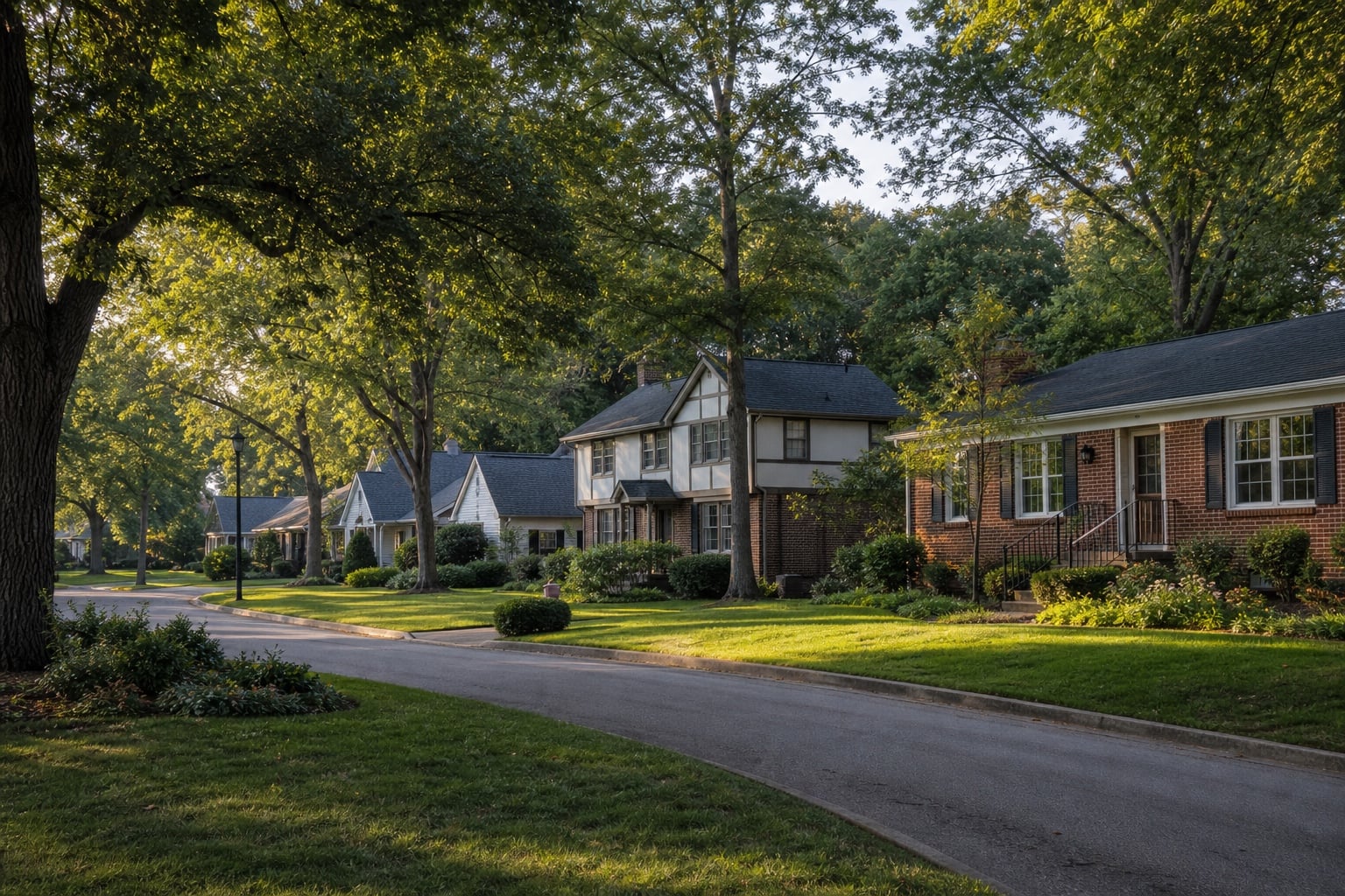 Established Birmingham-area neighborhood with brick homes beneath mature hardwood trees
