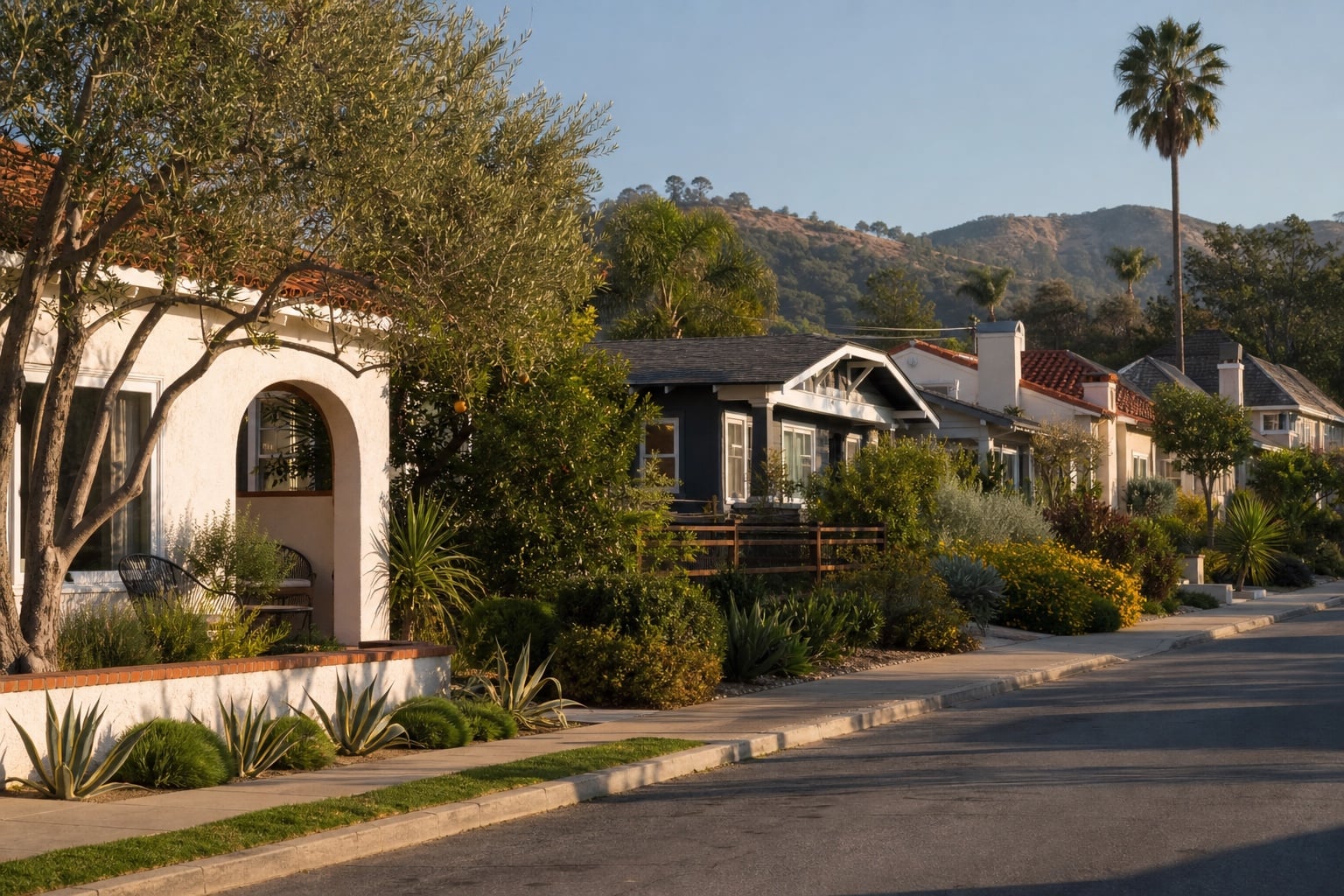 Established Southern California neighborhood with Spanish and Craftsman homes near dry foothills